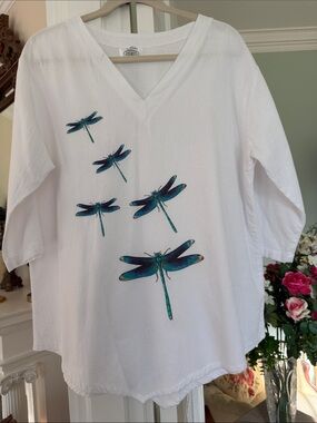 White V-Neck Tunic with Teal Dragonfly Print, size Large
